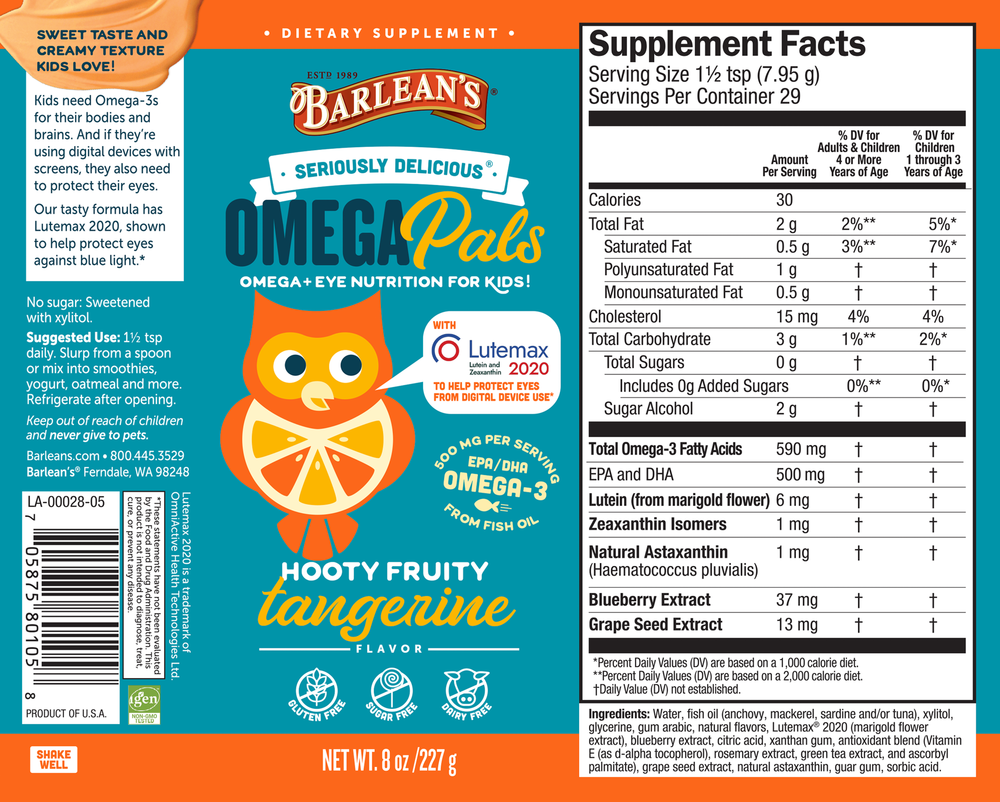 Seriously Delicious Omega Pals Hooty Fruity Tangerine Fish Oil + Eye Nutrition