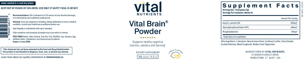 Vital Brain® Powder with GPC, ALC, and PS, Lemon Flavor