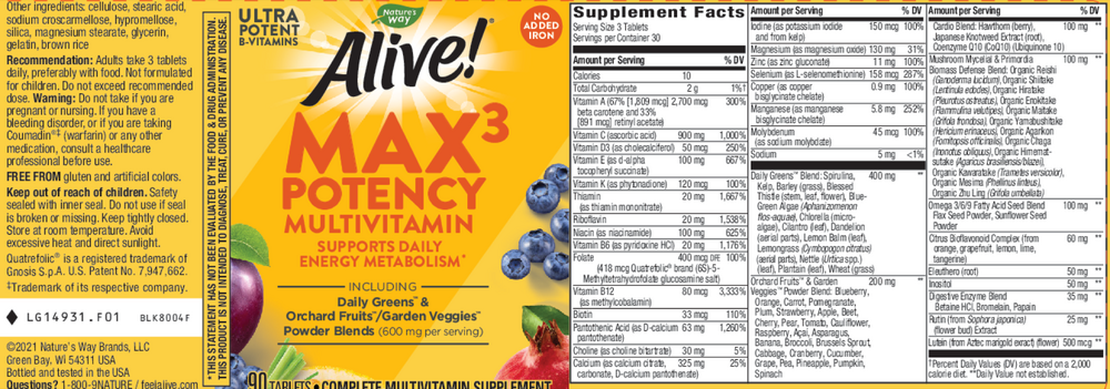 Alive!® Max3 Daily Multi-Vitamin Iron-free
