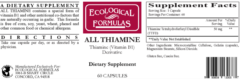 All Thiamine  (fat soluble B1 - TTFD, 50 mg capsule)