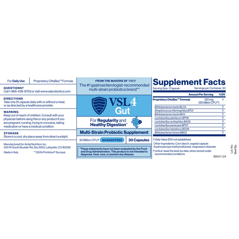VSL4™ Gut Multi-Strain Probiotic 30 Billion CFU 30 Capsules