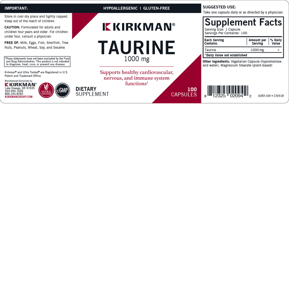 L-Taurine 1000 mg Capsules - Hypoallergenic