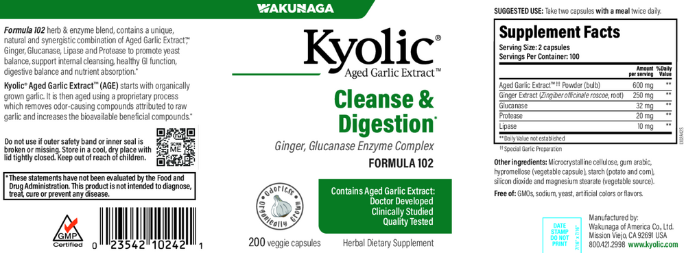 Kyolic Aged Garlic Extract Formula 102 - Candida Cleanse & Digestion