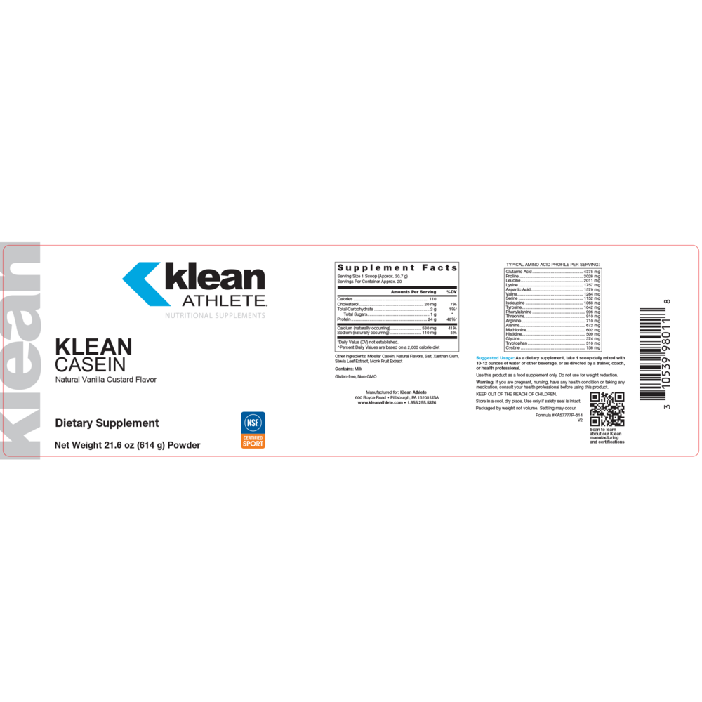 Klean Casein Protein - Natural Vanilla Custard Flavor