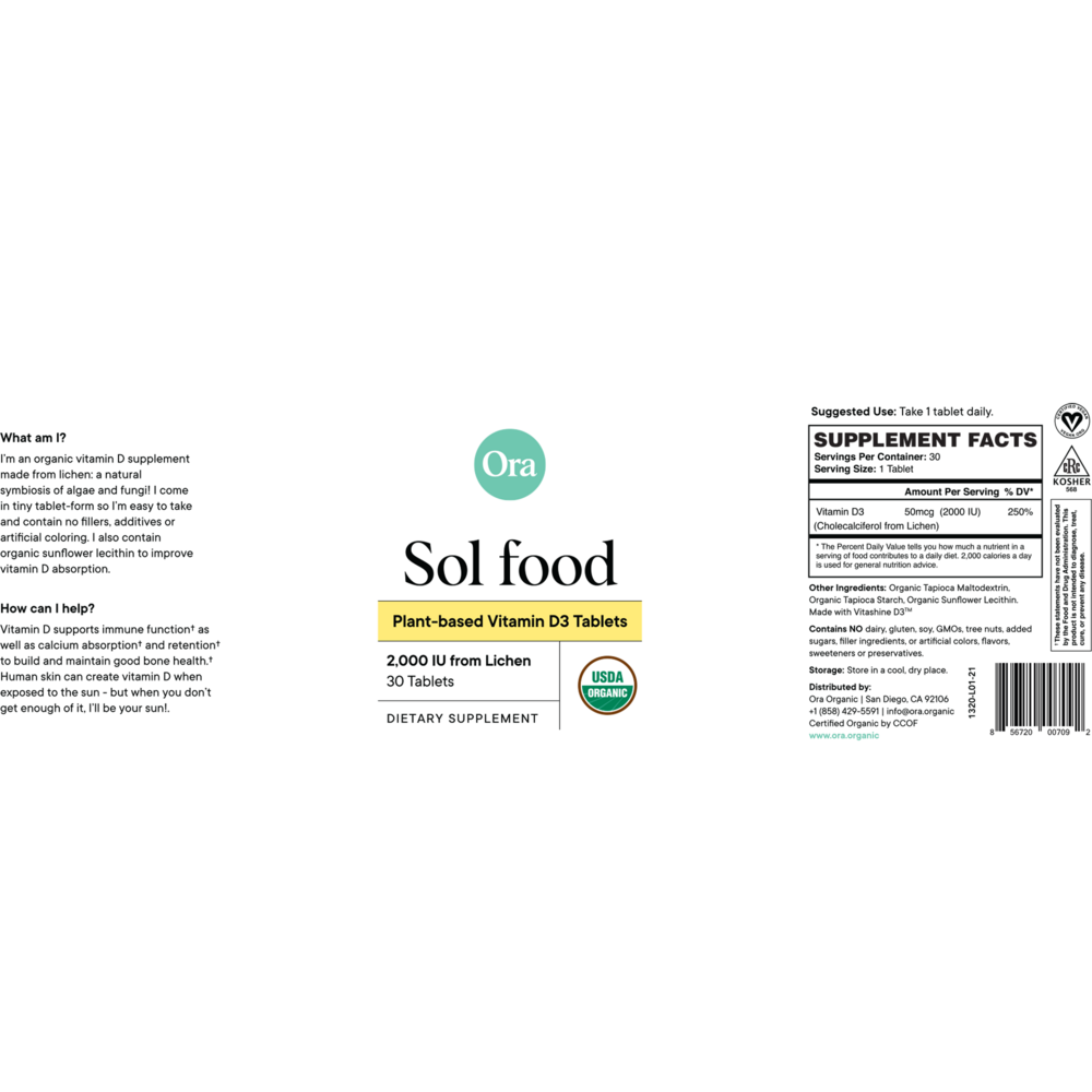 Sol food Plant-based Vitamin D3 Tablets, 50mcg (2000 IU)