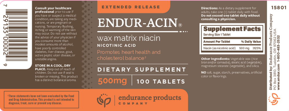 Extended Release ENDUR-ACIN® Wax Matrix Niacin (Nicotinic Acid) 500mg