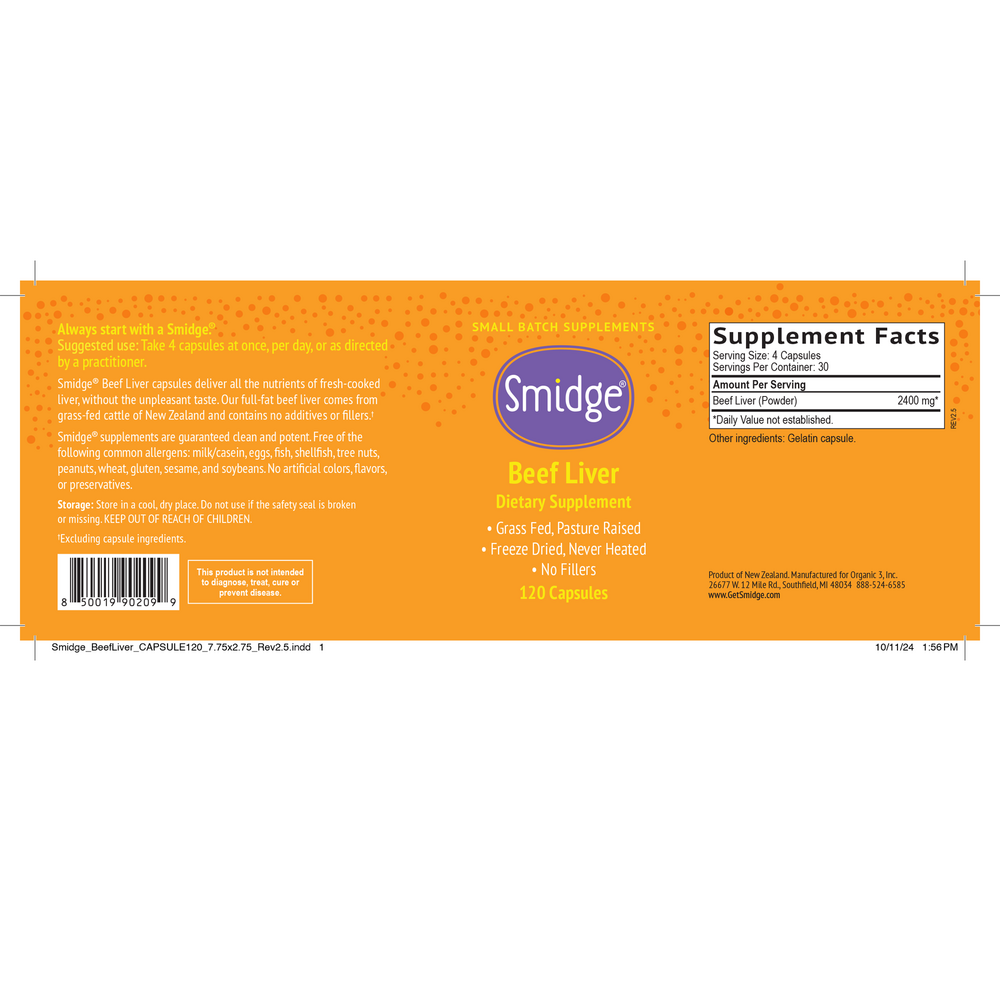 Smidge® Beef Liver Capsules - Protein & Vitamin A - Grass-fed - 120 capsules