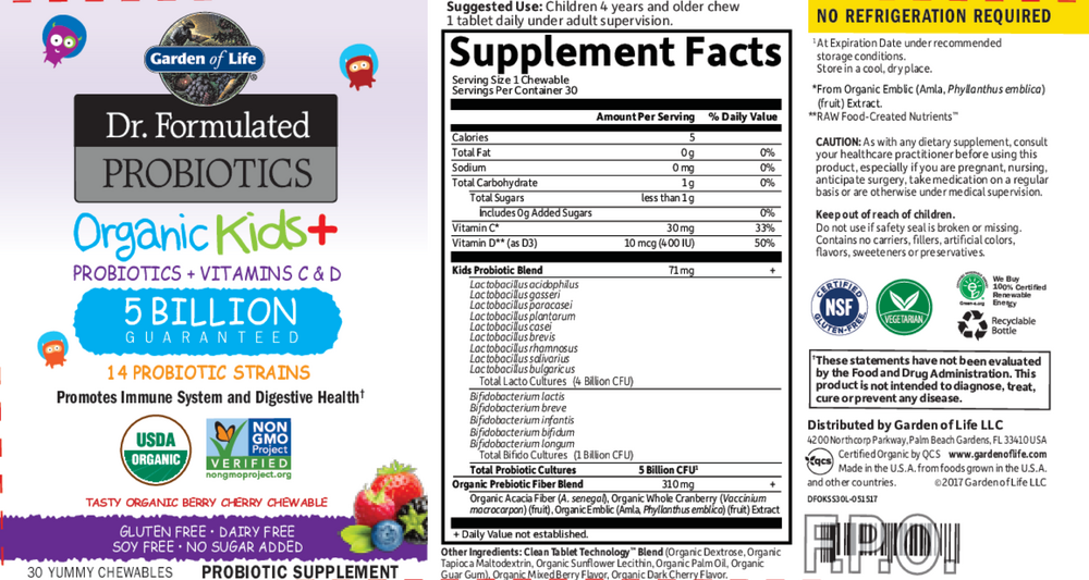 Dr. Formulated Probiotics Organic Kids+ Shelf-Stable, Berry Cherry