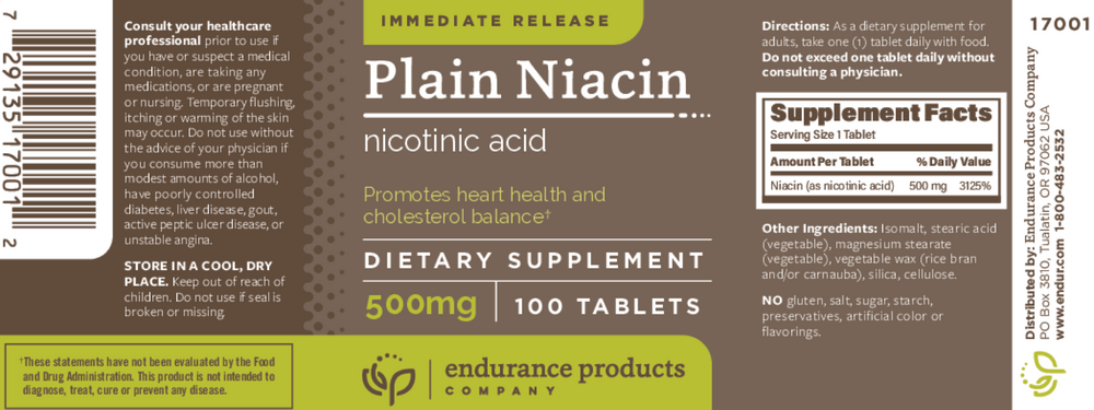Immediate Release Plain Niacin (Nicotinic Acid) 500mg