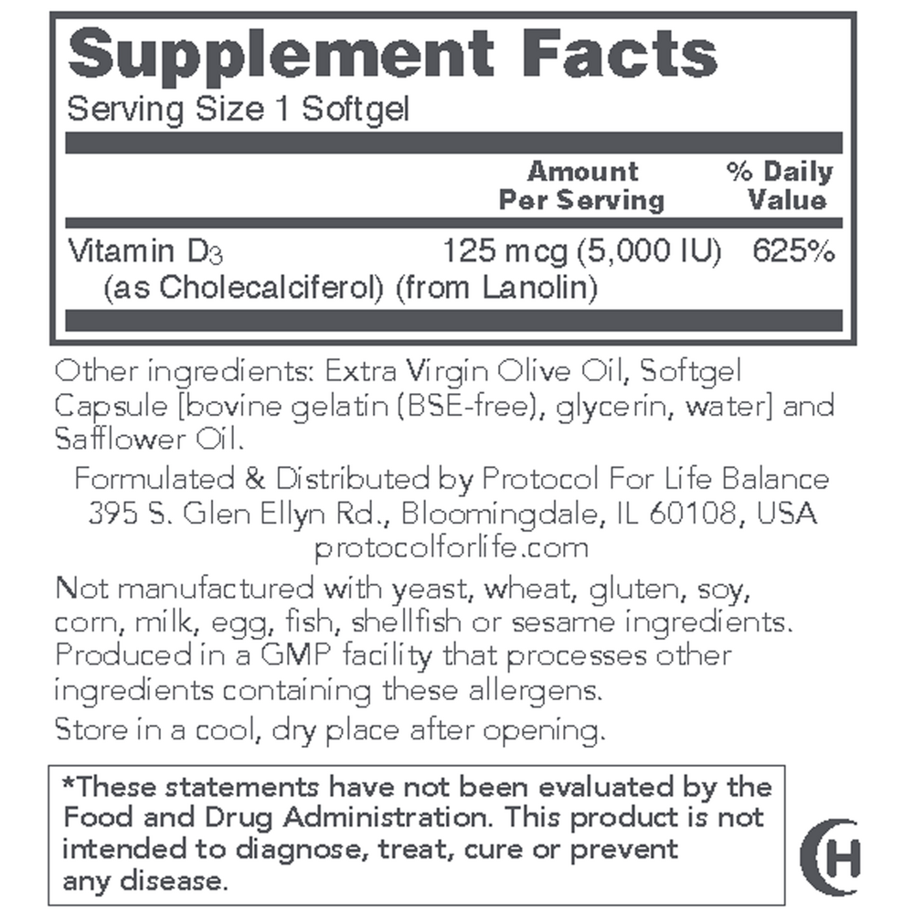Vitamin D3 (High Potency) 125 mcg (5,000 IU)