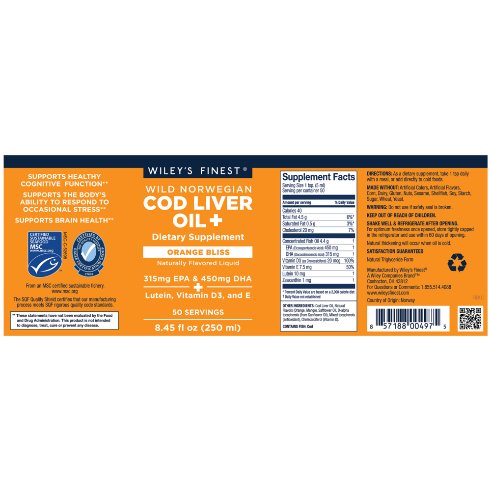 Wild Norwegian Cod Liver Oil+, Orange Bliss Flavor