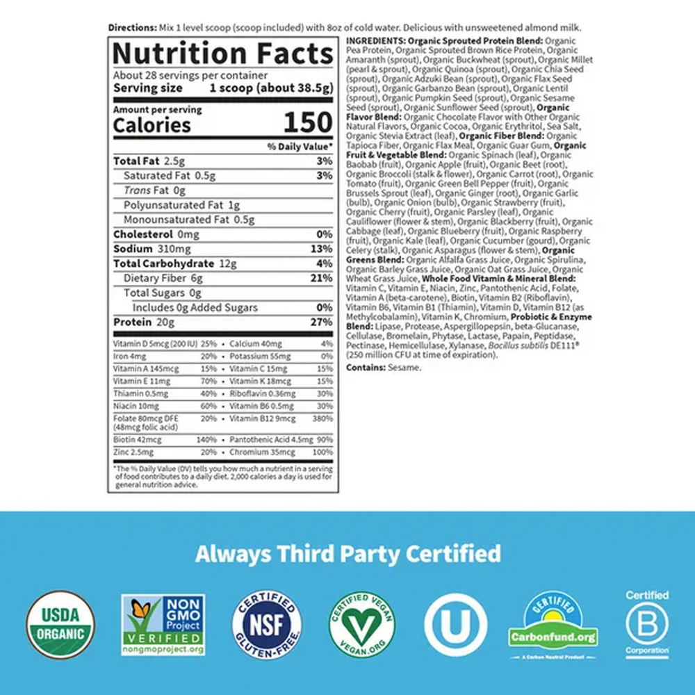 Raw Organic Meal Plant-Based Chocolate Flavor